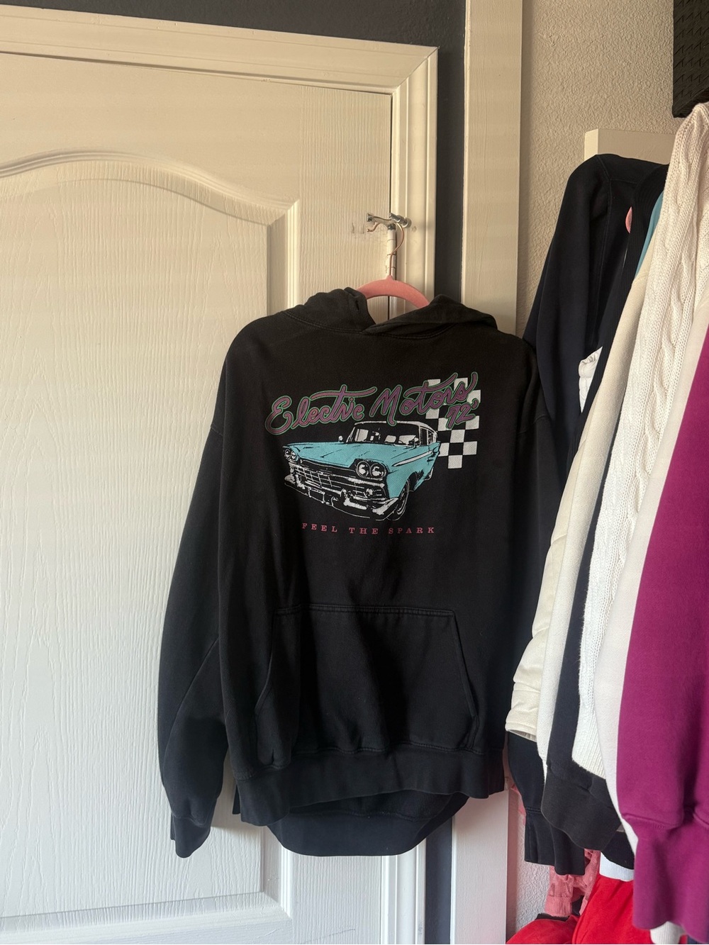 Brandy Melville Black Hoodie with Teal and Pink Graphic